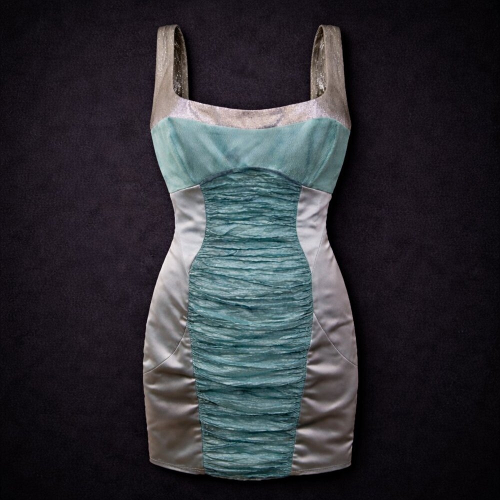 Nicole Miller Collection Satin Metallic Cocktail Dress Dusky Blue 10 NWT Holiday